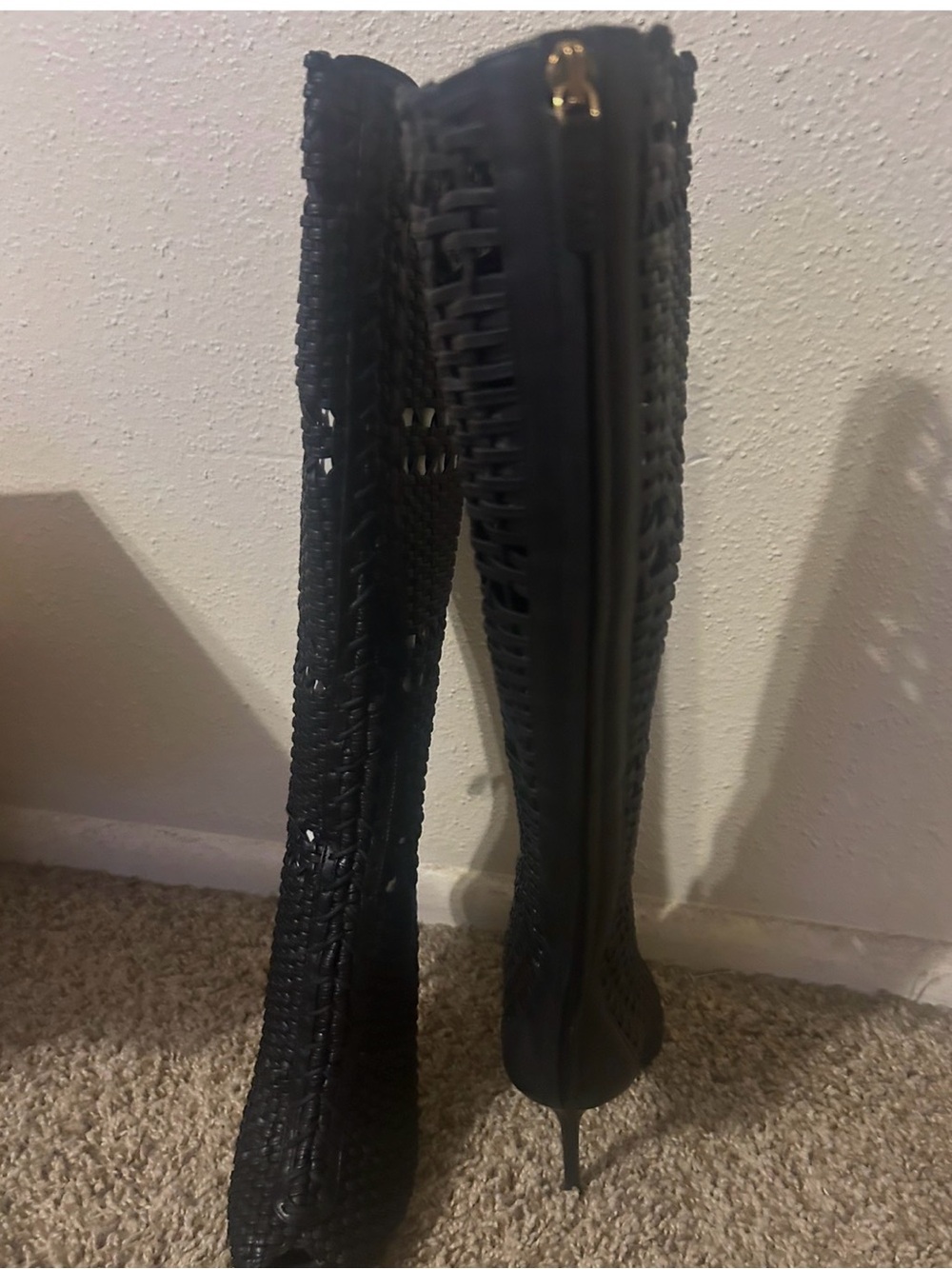 Gucci Black Woven Knee-High Stiletto Boots with Gold Accent